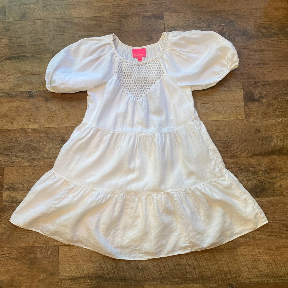 Lilly Pulitzer White‎ Linen Tiered Mini Dress Puff Sleeve Crochet Eyelet Size 10